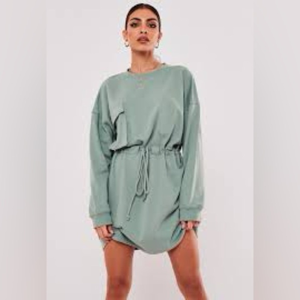 Missguided pocket detail tie waist sweater mini dress in sage - Picture 6 of 6